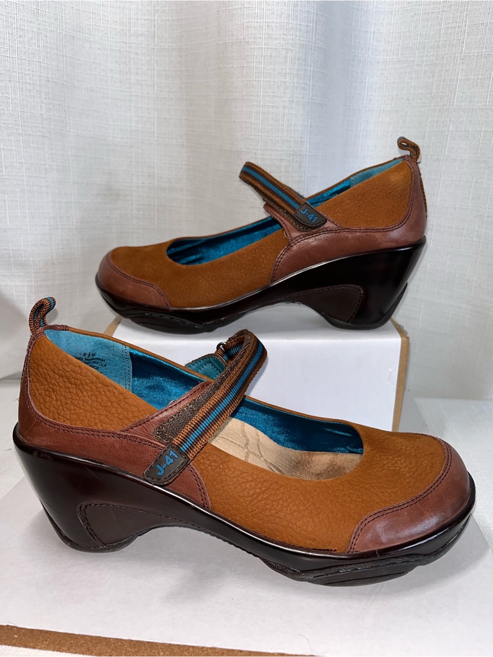 J-41 Adventure On Leather Mary Jane Wedge Shoes 8.5M Brown Teal Boho